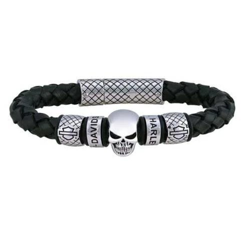 Harley-Davidson Armband Geflochtenes Leder & Skull Stahl 1 Harley-Davidson Armband Geflochtenes Leder & Skull Stahl